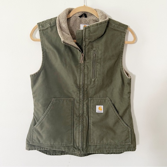 Carhartt Jackets & Blazers - Carhartt Vintage Olive Green Sandstone Sherpa Lined Zip Up Vest Size XS